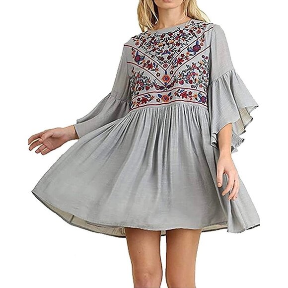 Umgee Embroidered Boho Bliss Flutter Sleeve Mini Babydoll Dress Gray Size Small - Picture 1 of 8